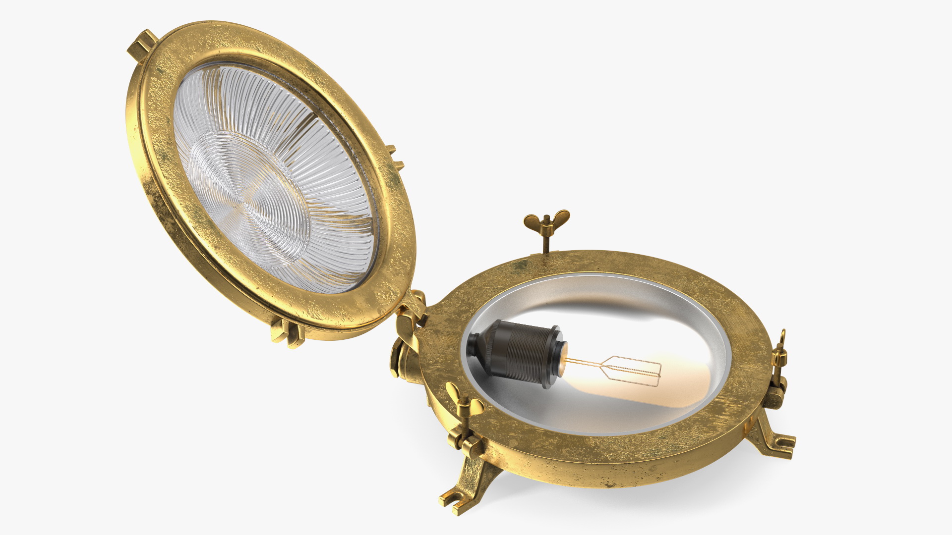 Cage Bulkhead Light Brass with Ribbed Glass On State 3D