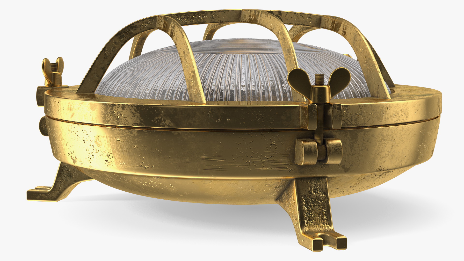 Cage Bulkhead Light Brass with Ribbed Glass On State 3D