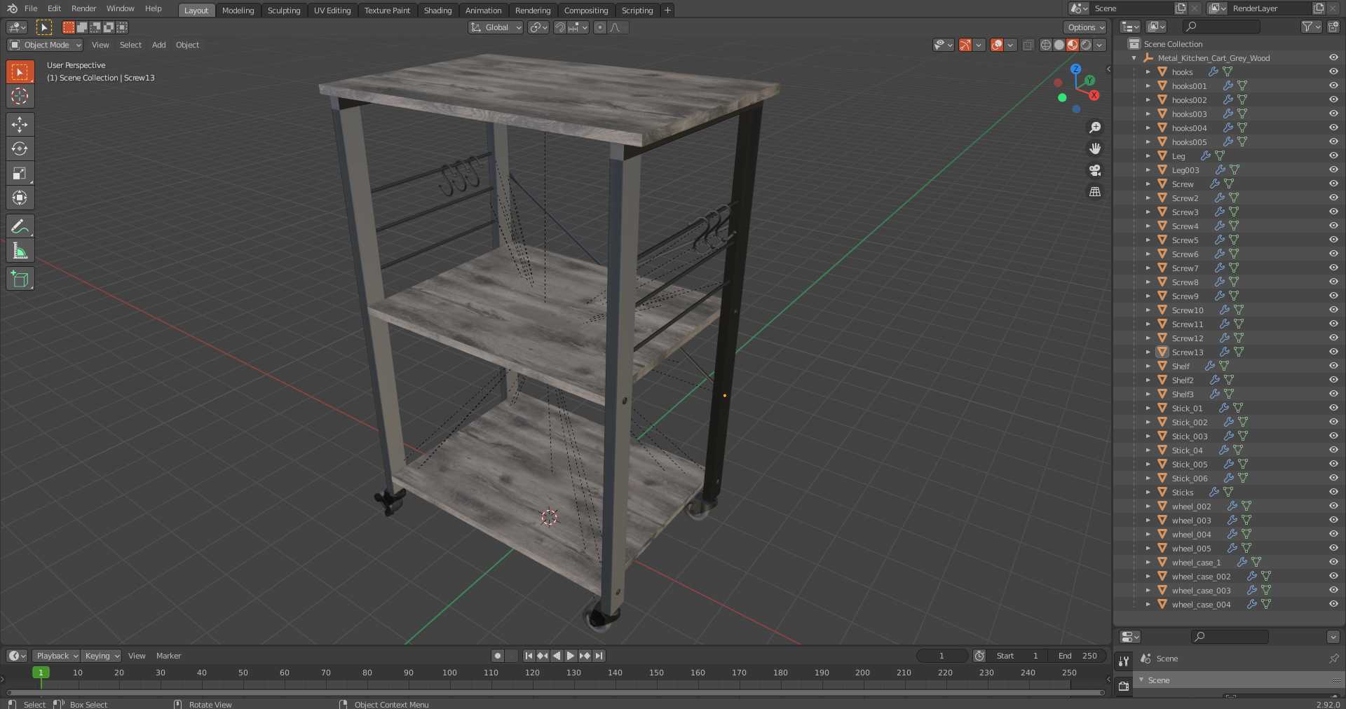 3D Metal Kitchen Cart Gray Wood model