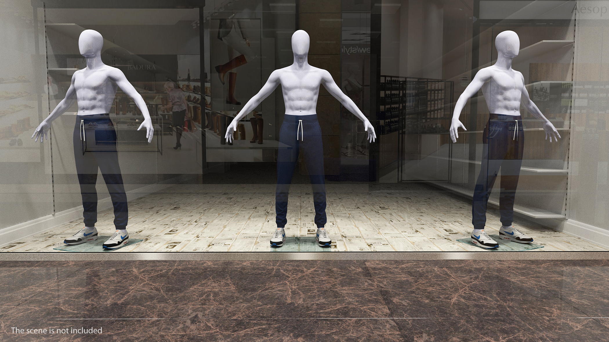 3D Blue Nike Joggers and Sneakers on Mannequin model