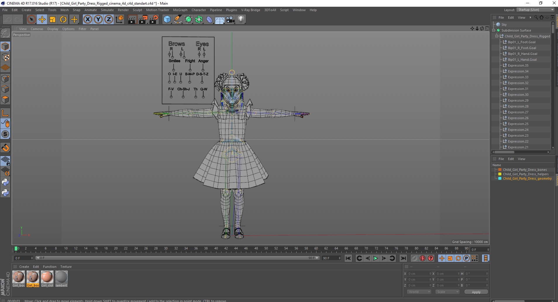 3D Child Girl Party Dress Rigged for Cinema 4D model