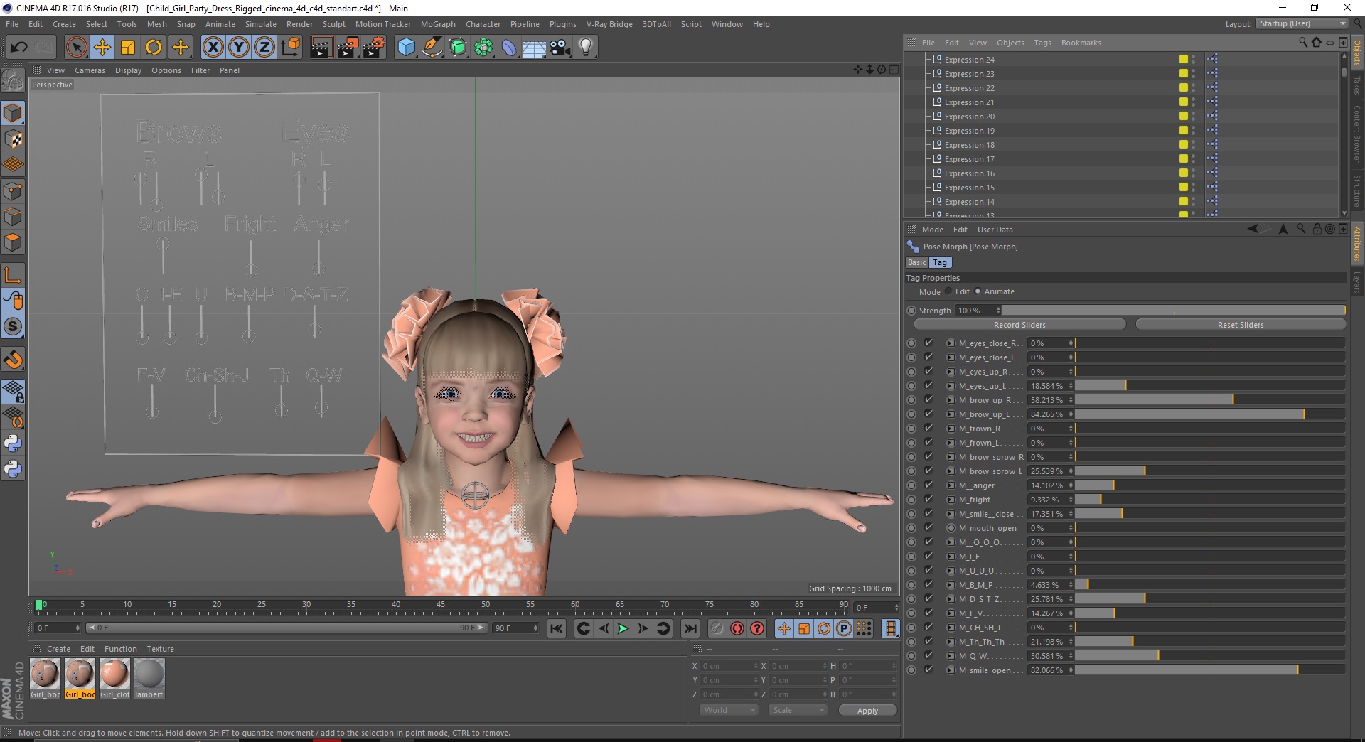 3D Child Girl Party Dress Rigged for Cinema 4D model
