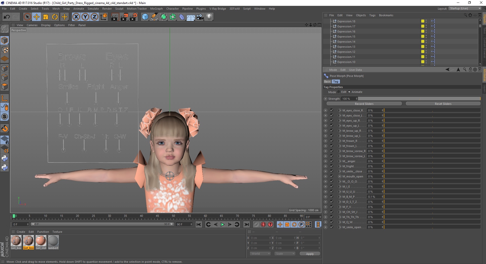 3D Child Girl Party Dress Rigged for Cinema 4D model