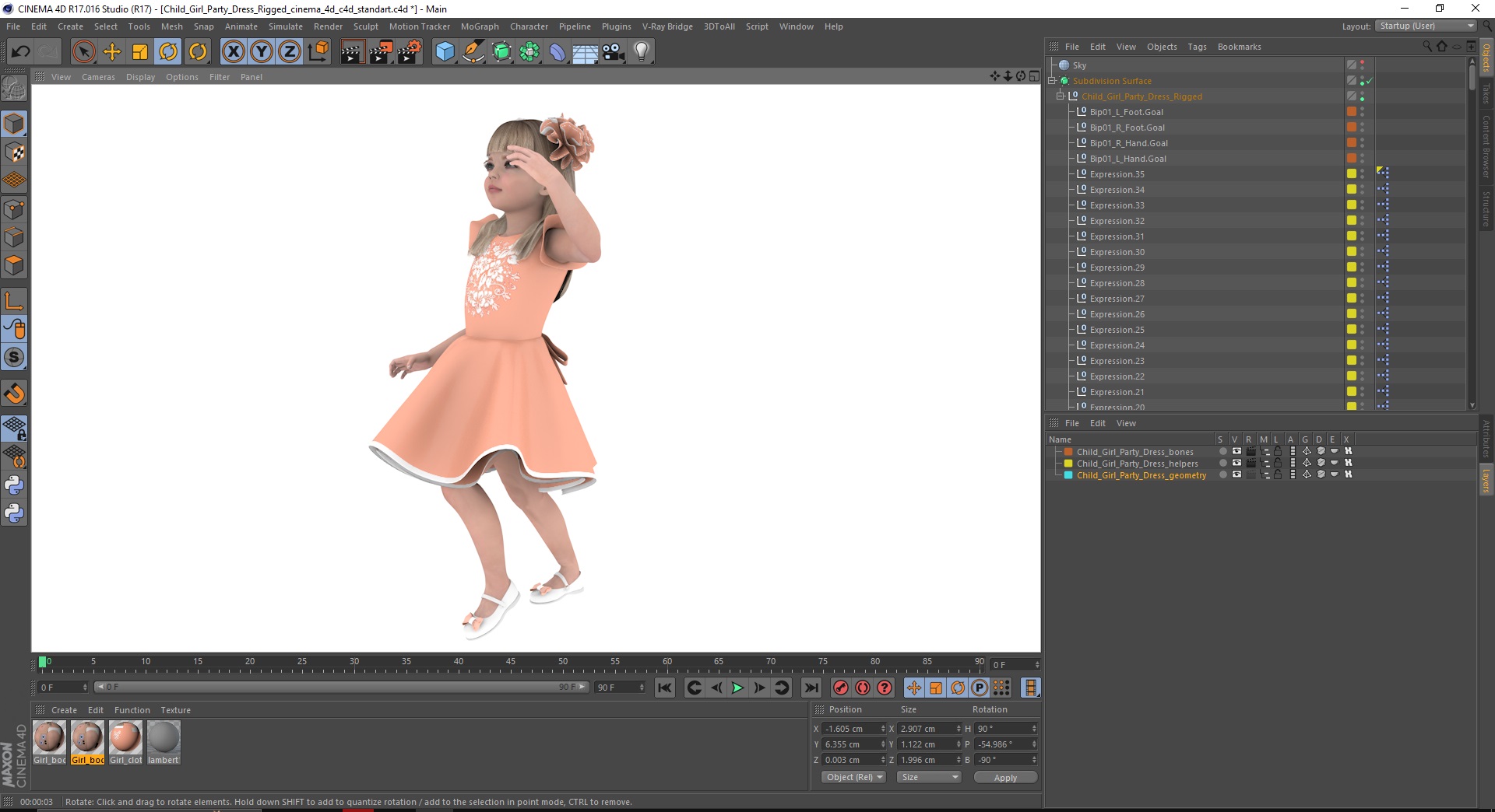 3D Child Girl Party Dress Rigged for Cinema 4D model