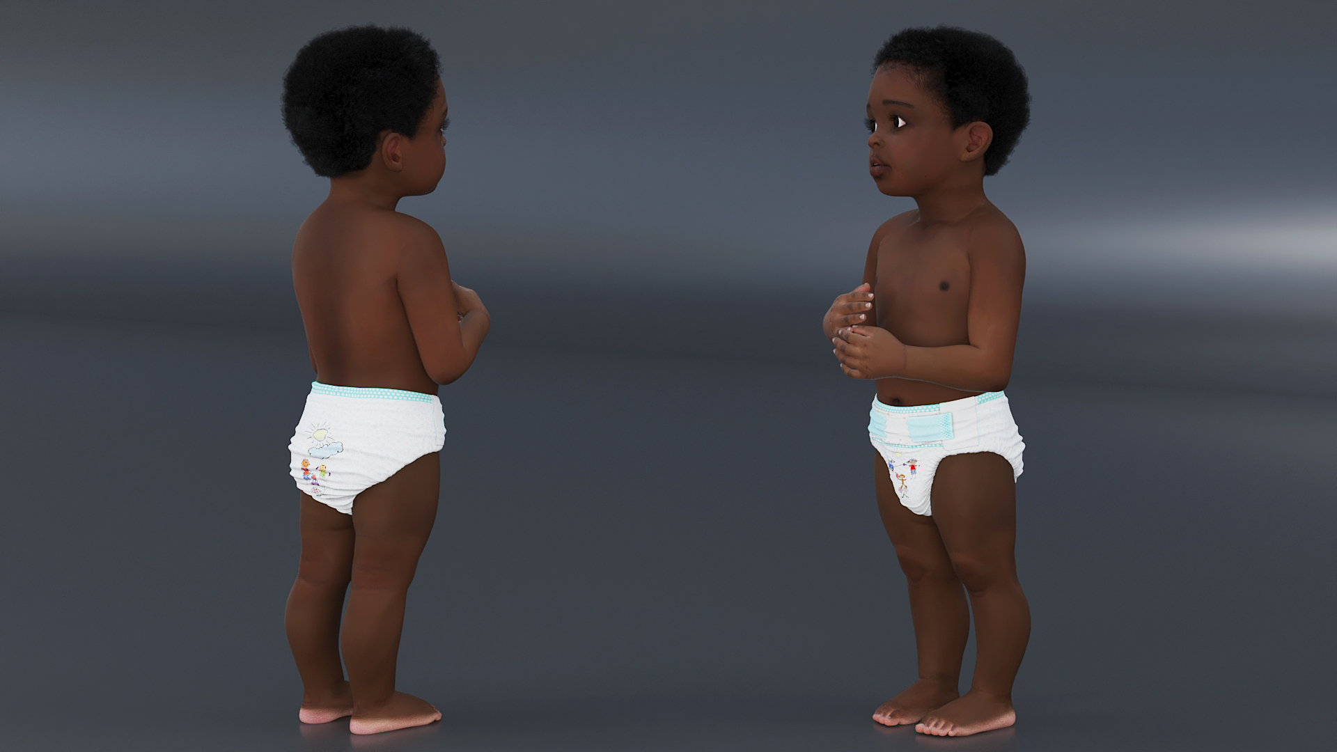 3D Toddler Boy Dark Skinned in Diaper Standing model