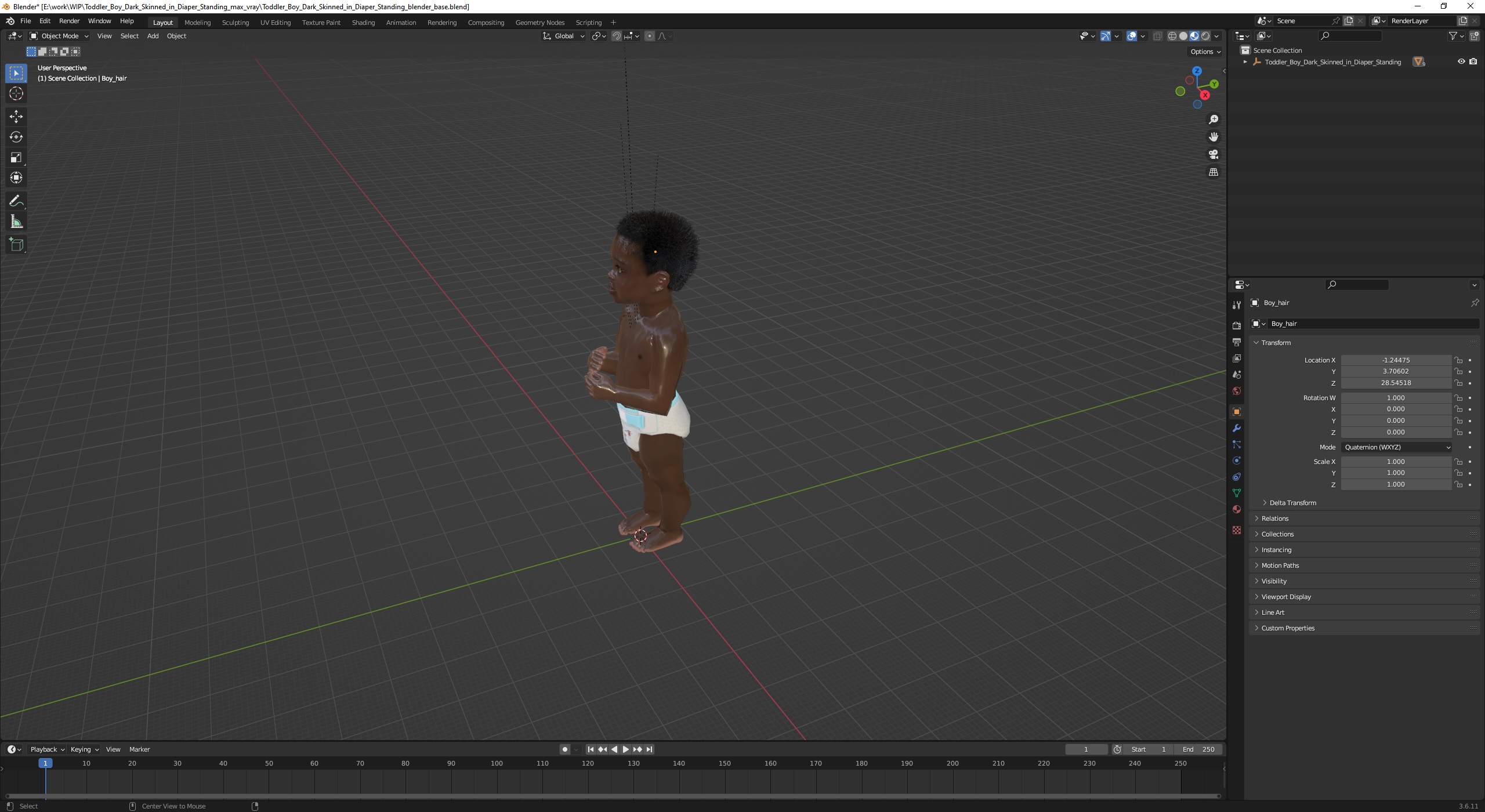 3D Toddler Boy Dark Skinned in Diaper Standing model