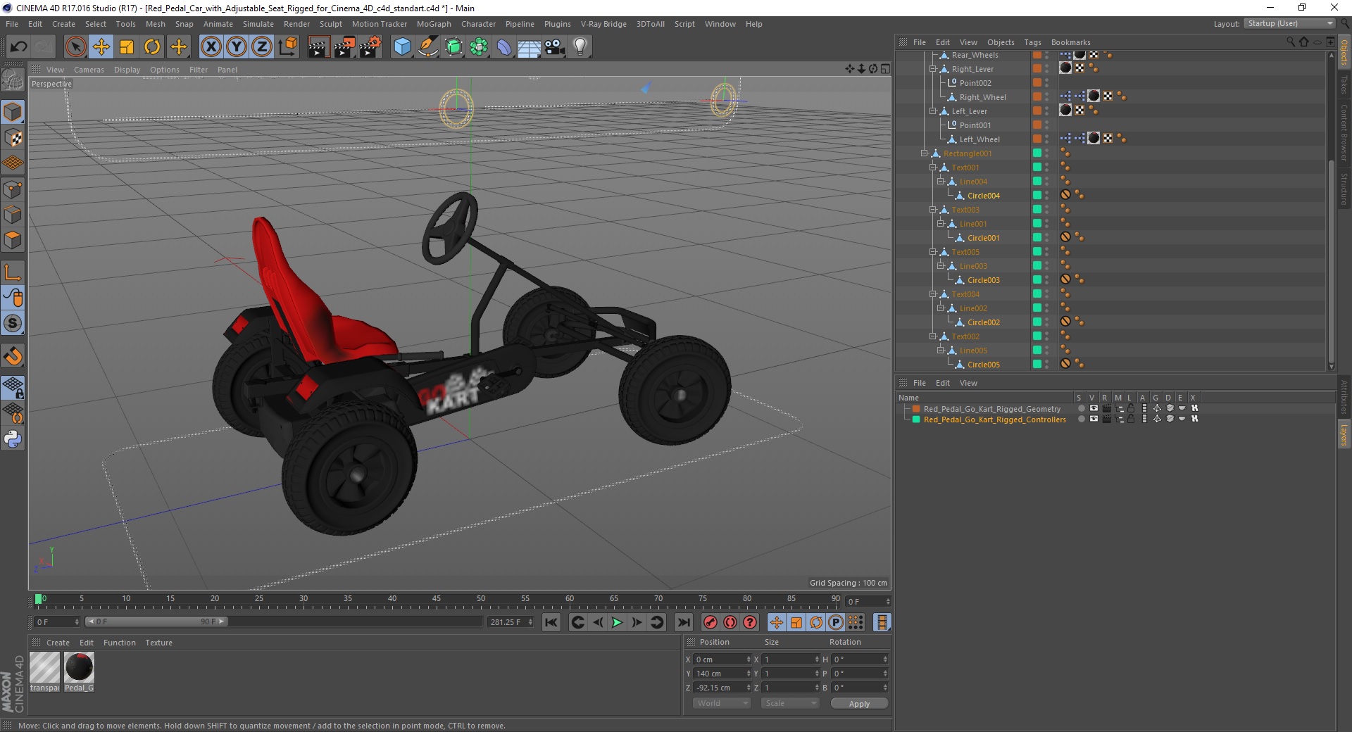 3D model Red Pedal Car with Adjustable Seat Rigged for Cinema 4D