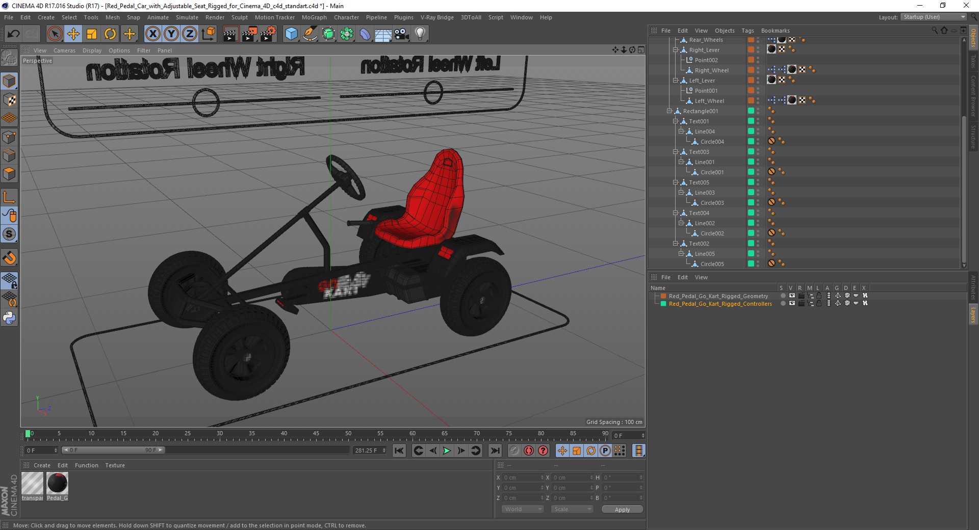 3D model Red Pedal Car with Adjustable Seat Rigged for Cinema 4D