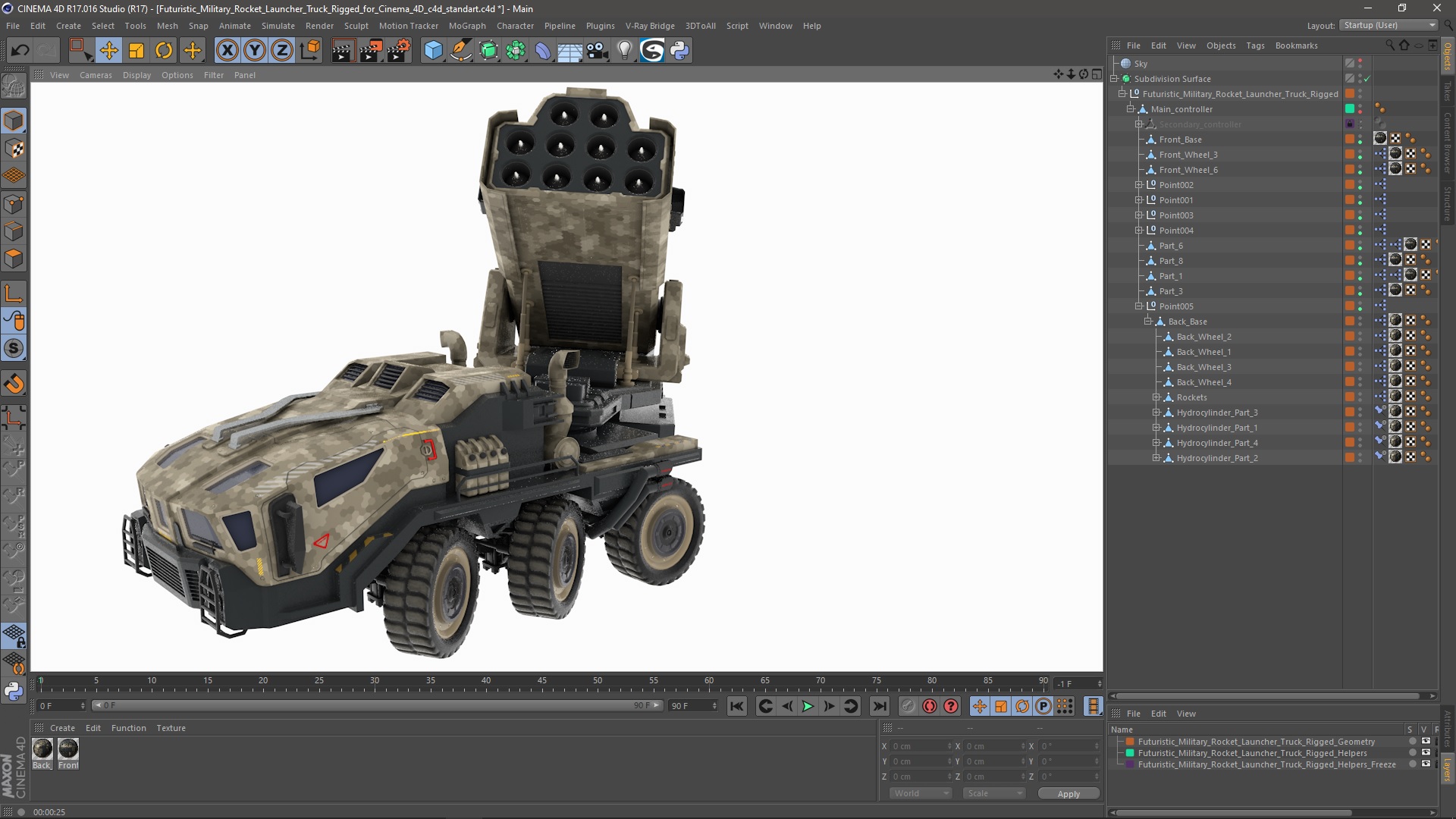 Futuristic Military Rocket Launcher Truck Rigged for Cinema 4D 3D