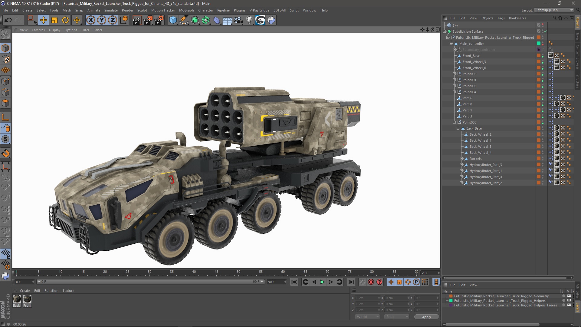 Futuristic Military Rocket Launcher Truck Rigged for Cinema 4D 3D