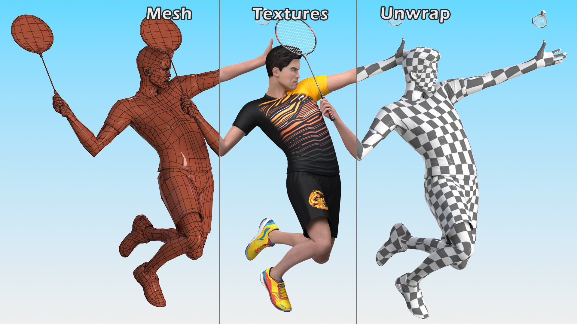Asian Man with Badminton Racket Playing Pose 3D model