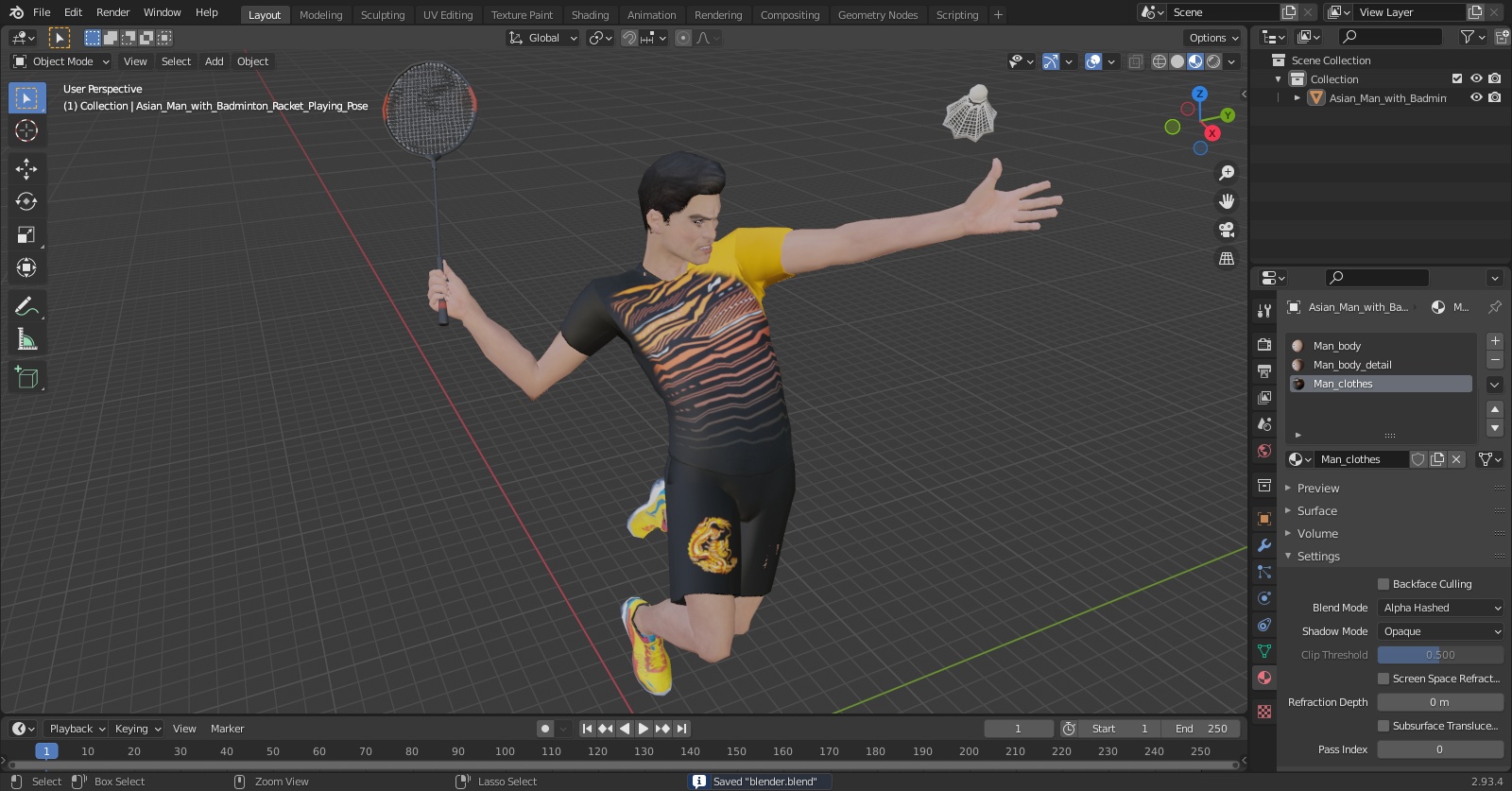 Asian Man with Badminton Racket Playing Pose 3D model