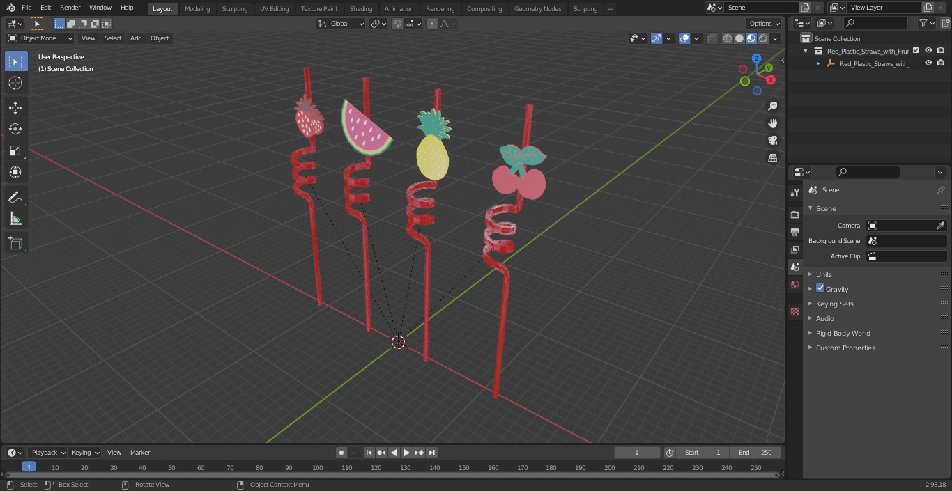 Red Plastic Straws with Fruit Tags 3D model