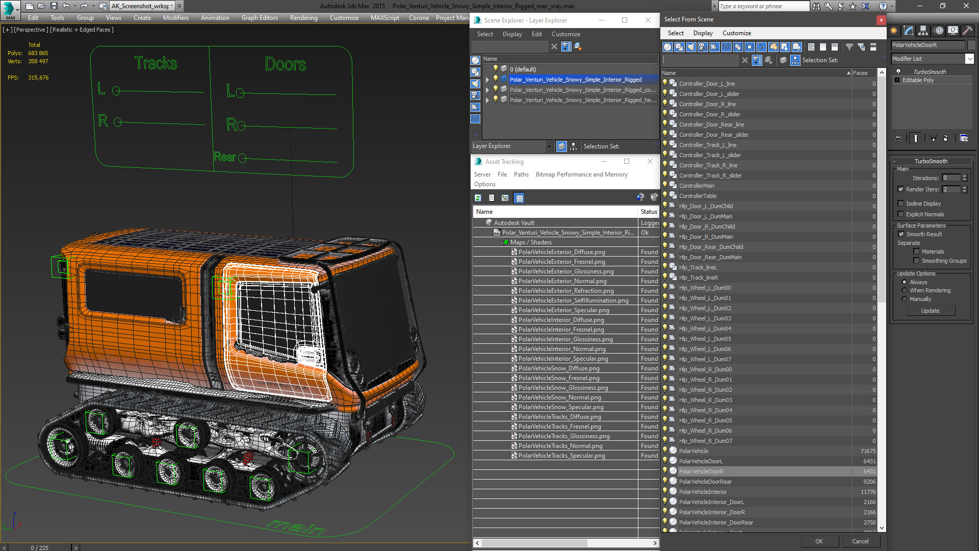 Polar Venturi Vehicle Snowy Simple Interior Rigged for Maya 3D model