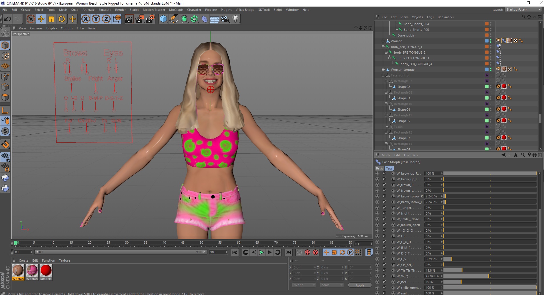 European Woman Beach Style Rigged for Cinema 4D 3D