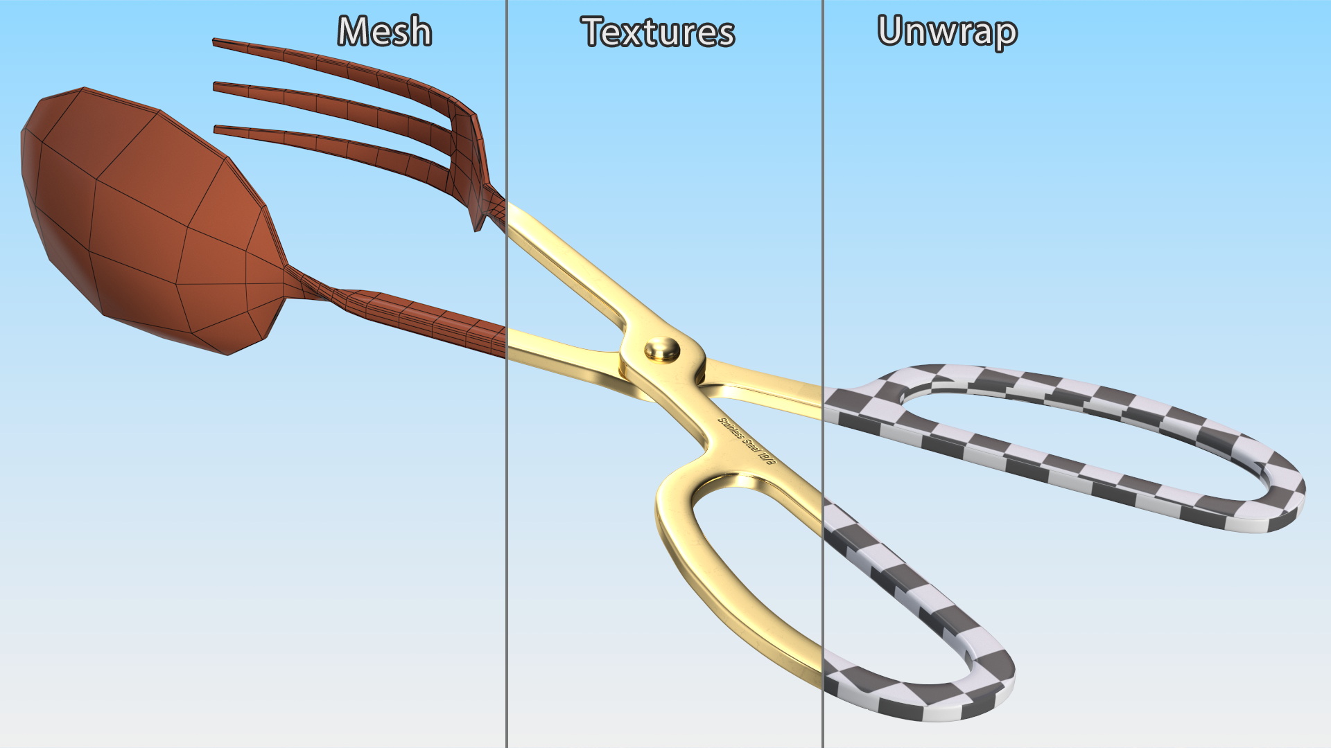 3D Scissor Serving Tongs with Fork and Spoon Gold