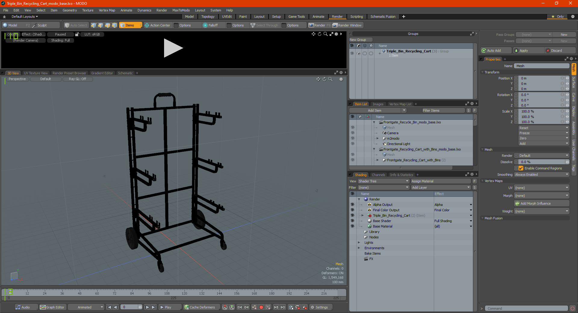 3D model Triple Bin Recycling Cart