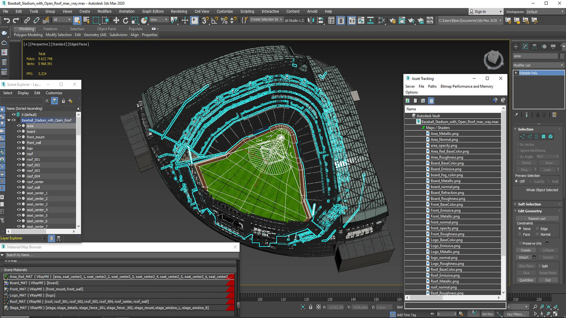 3D Baseball Stadium with Open Roof
