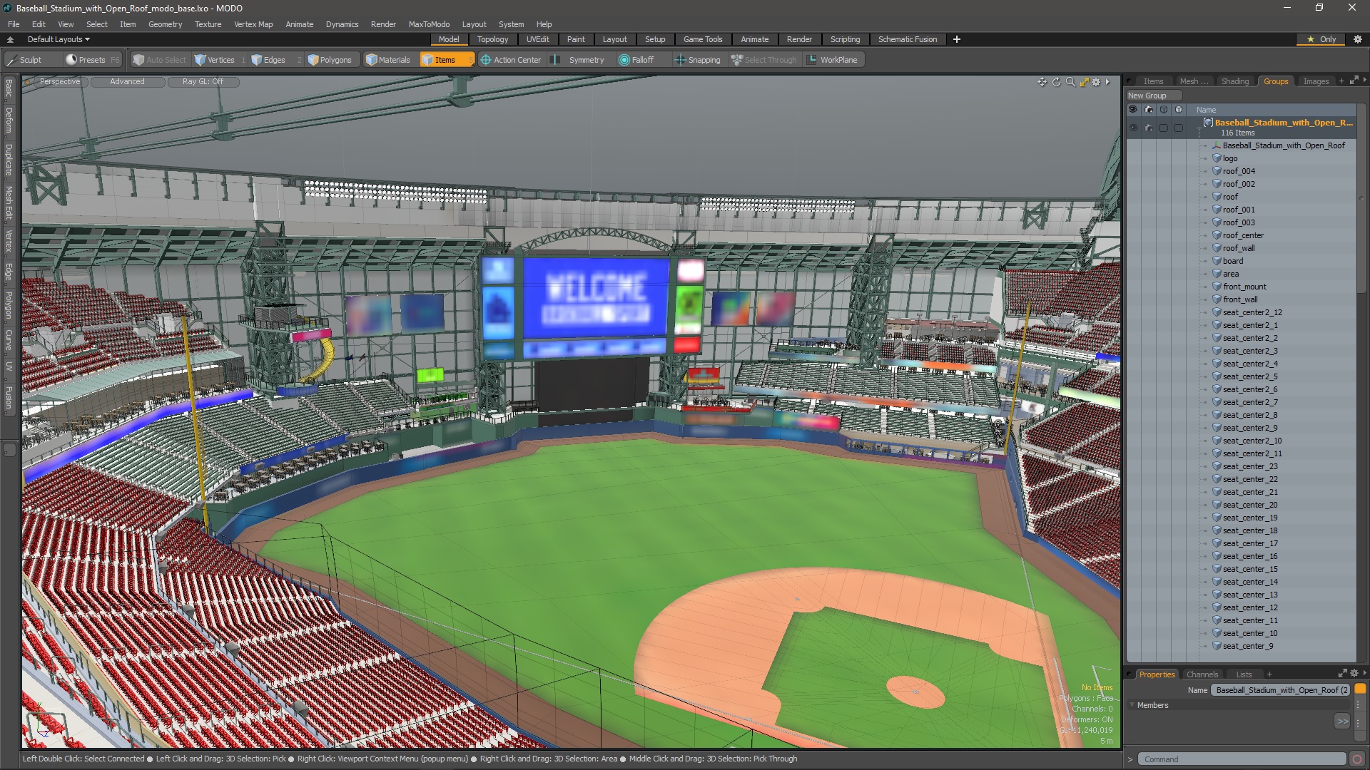 3D Baseball Stadium with Open Roof
