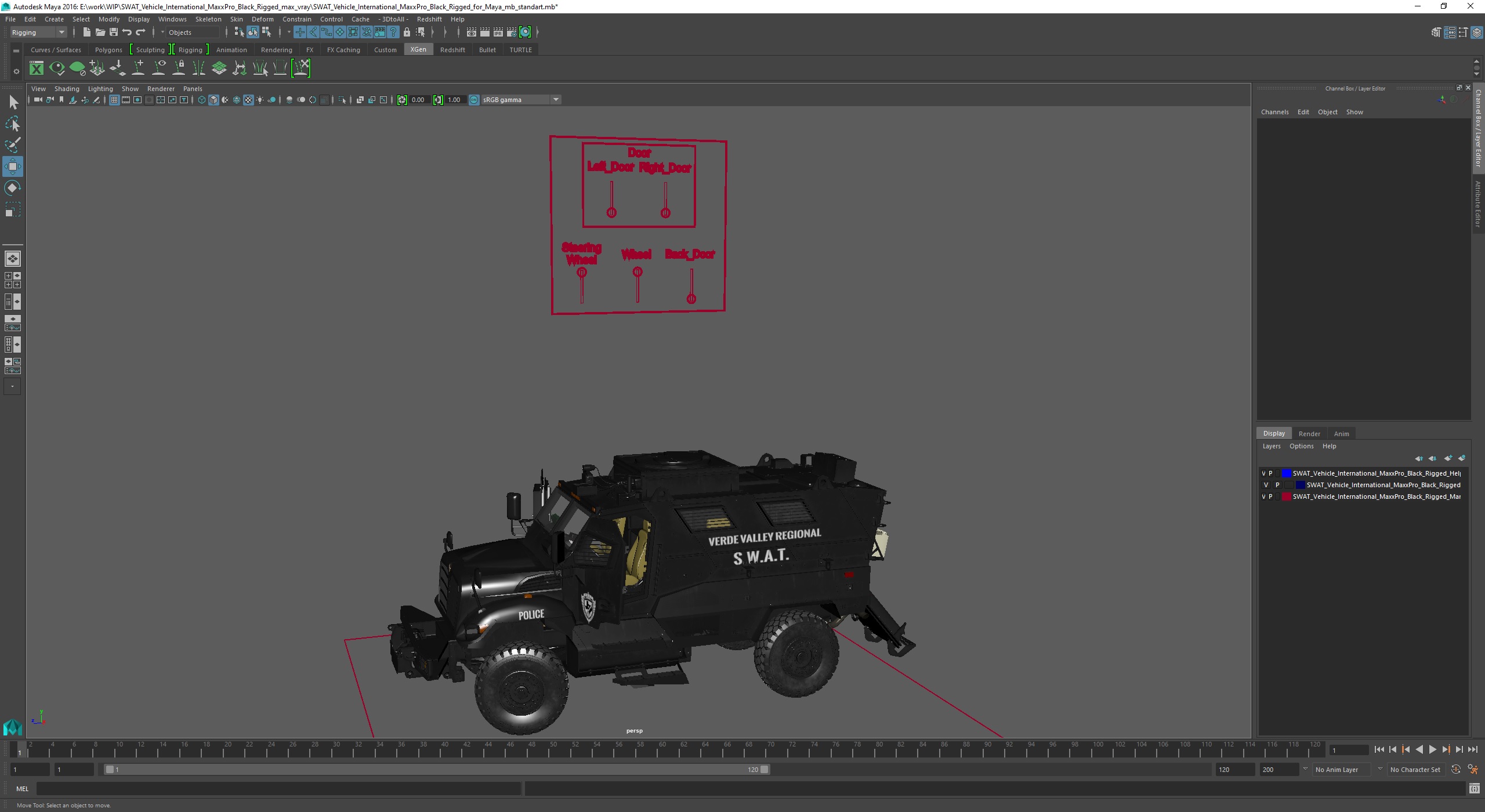 3D SWAT Vehicle International MaxxPro Black Rigged for Maya