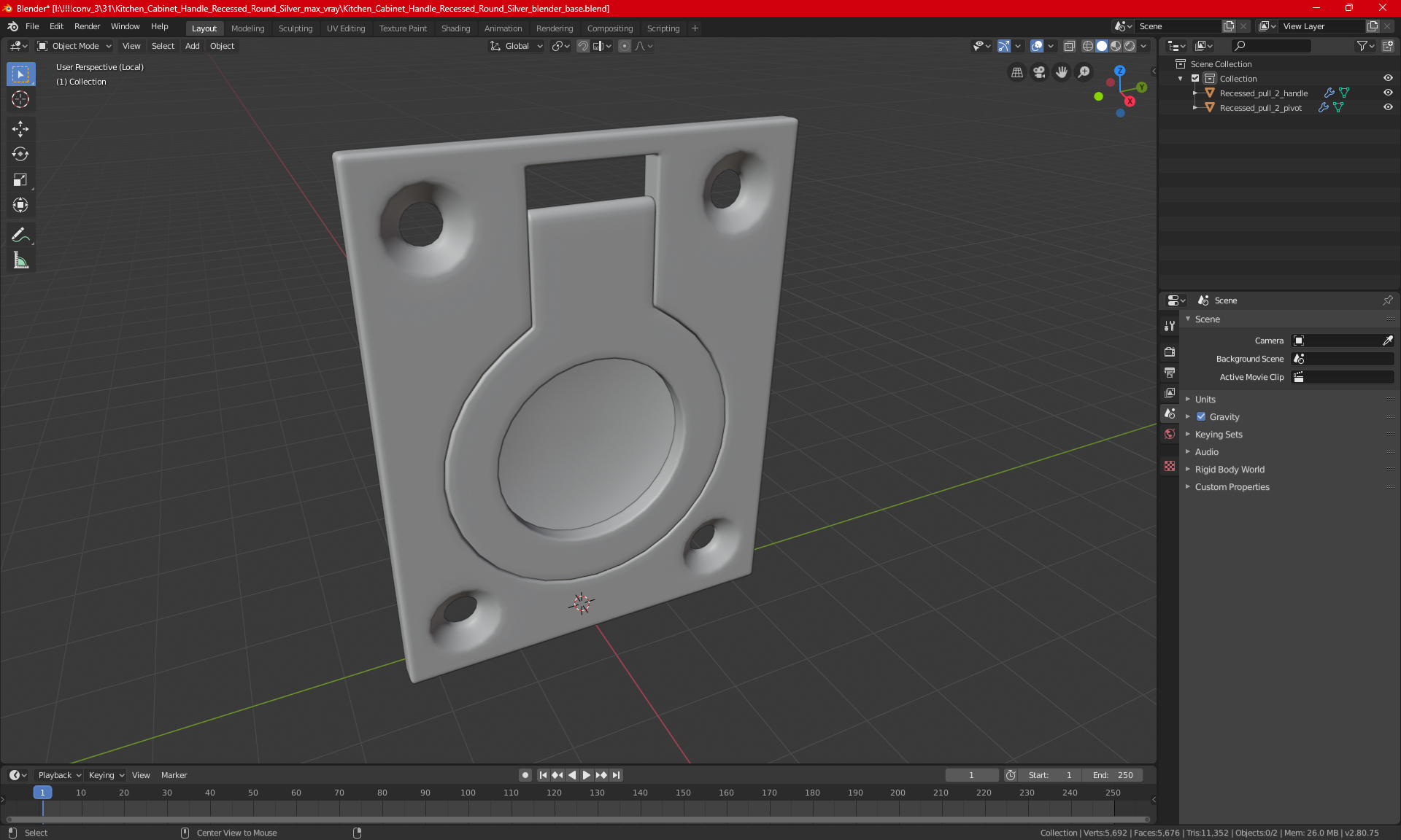 Kitchen Cabinet Handle Recessed Round Silver 3D model