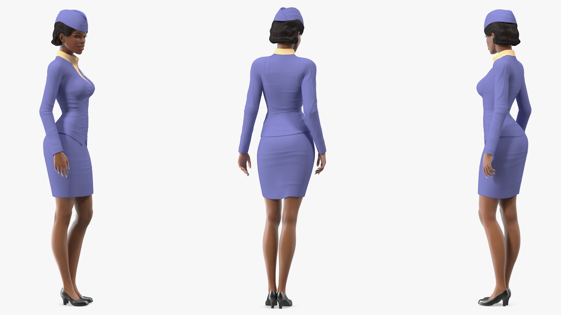 3D Light Skin Black Stewardess Standing Pose