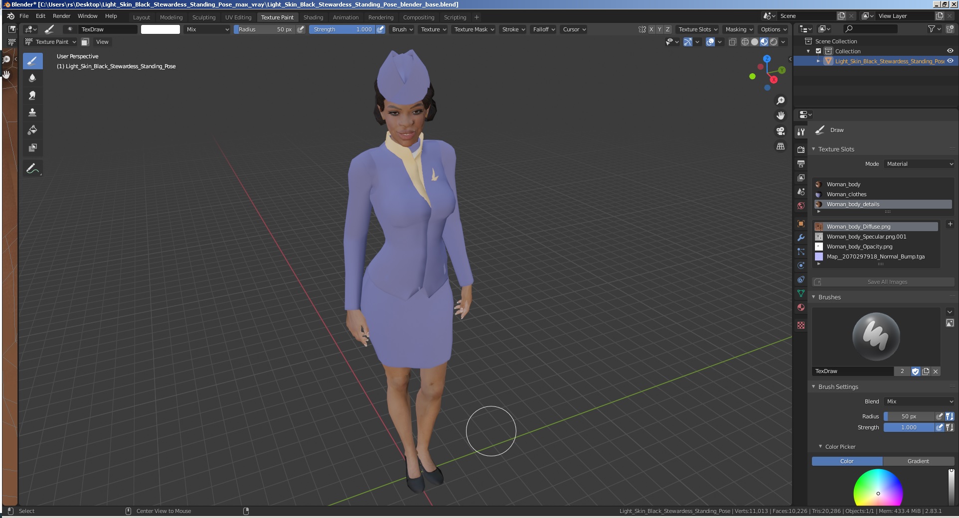 3D Light Skin Black Stewardess Standing Pose