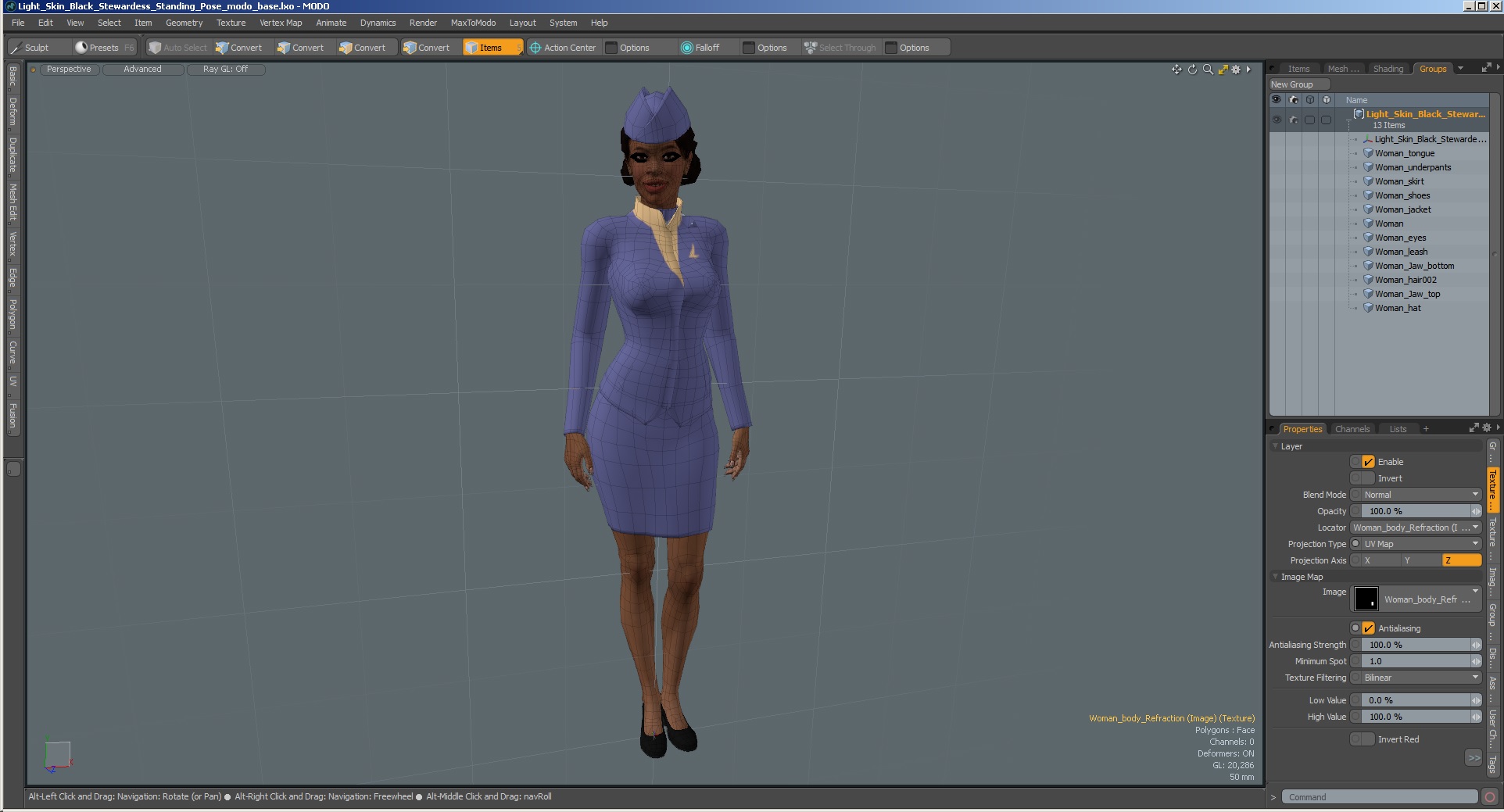 3D Light Skin Black Stewardess Standing Pose
