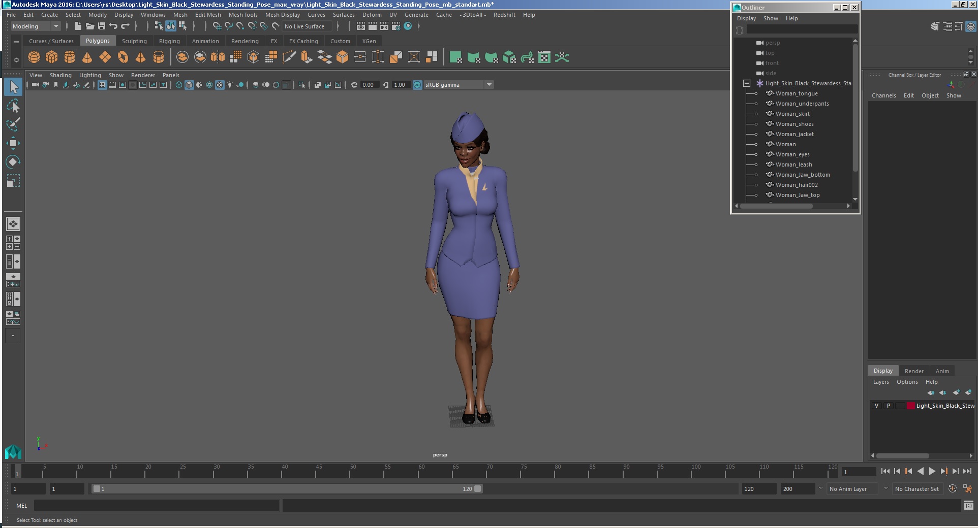 3D Light Skin Black Stewardess Standing Pose