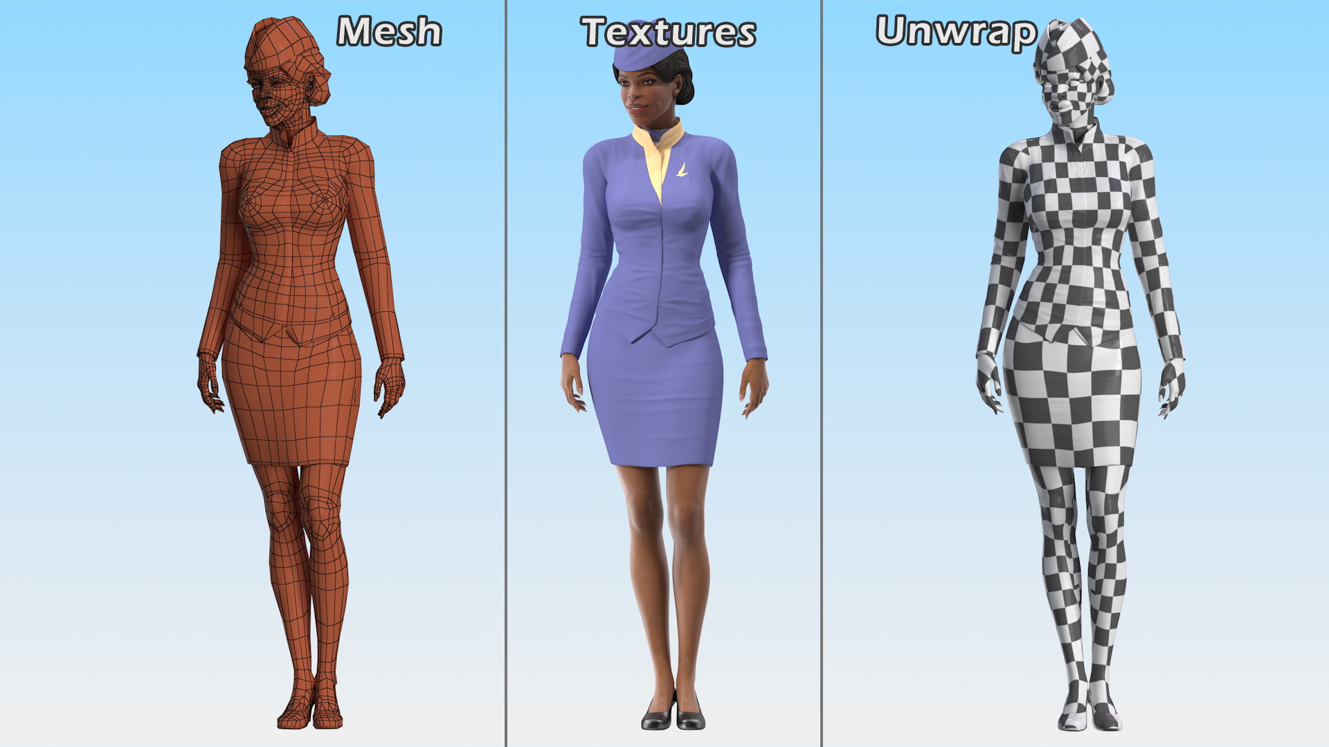 3D Light Skin Black Stewardess Standing Pose