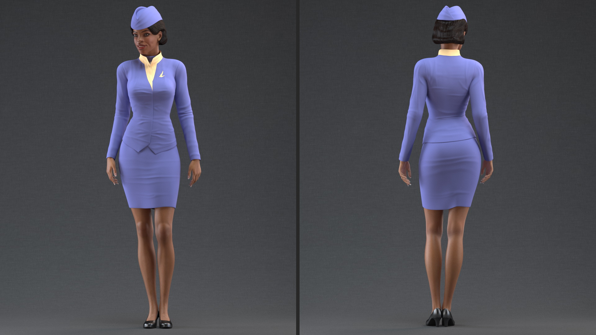 3D Light Skin Black Stewardess Standing Pose