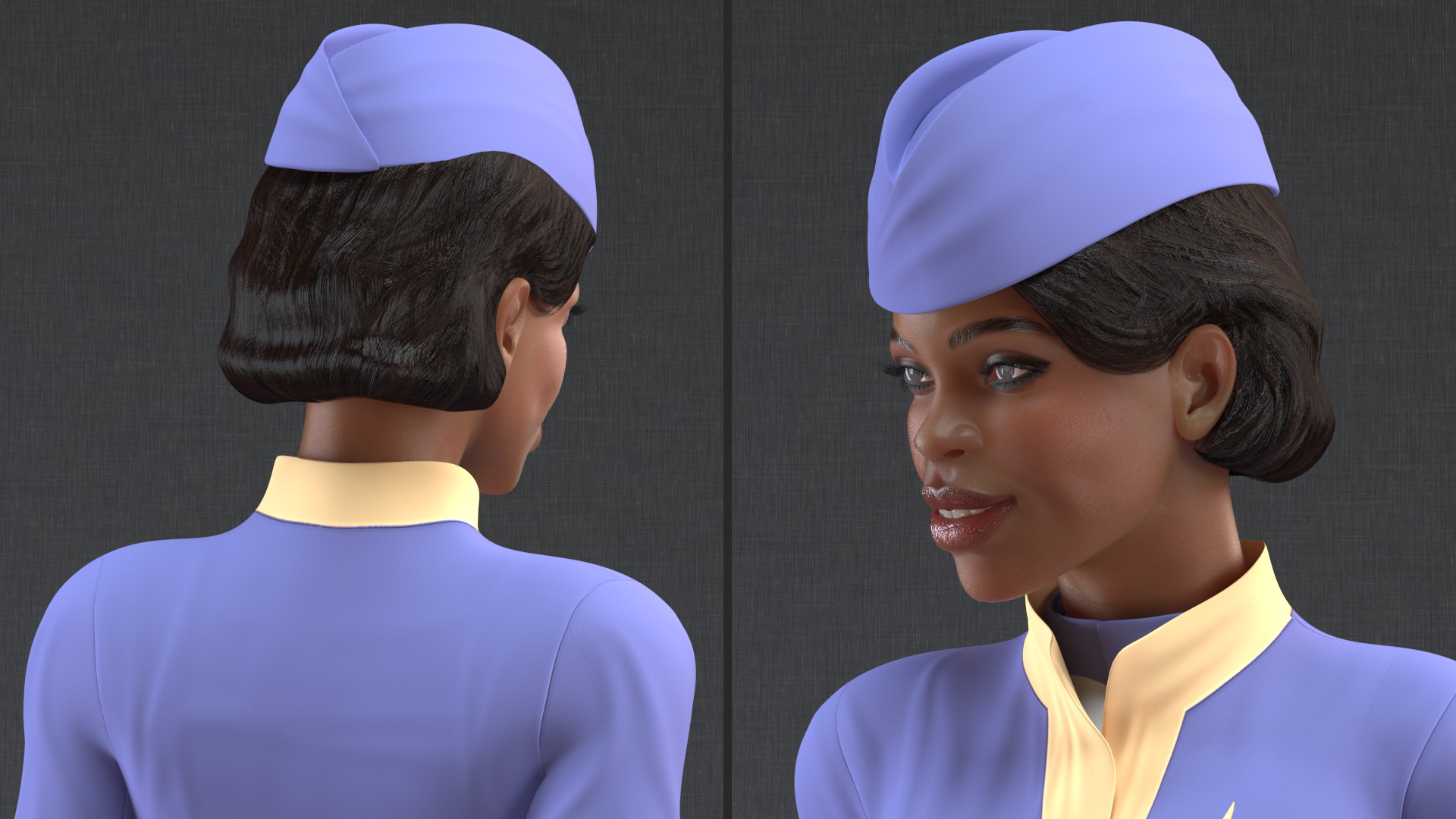3D Light Skin Black Stewardess Standing Pose