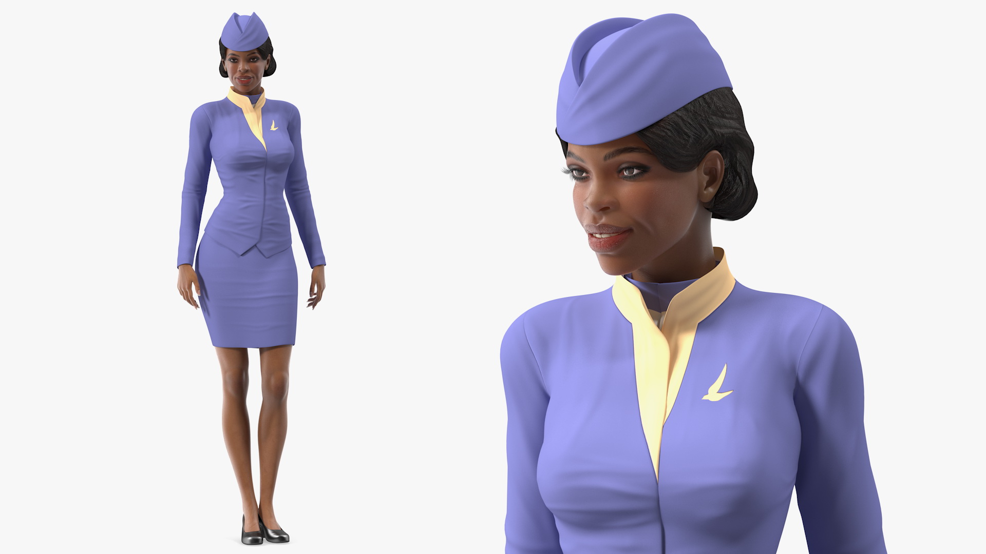 3D Light Skin Black Stewardess Standing Pose