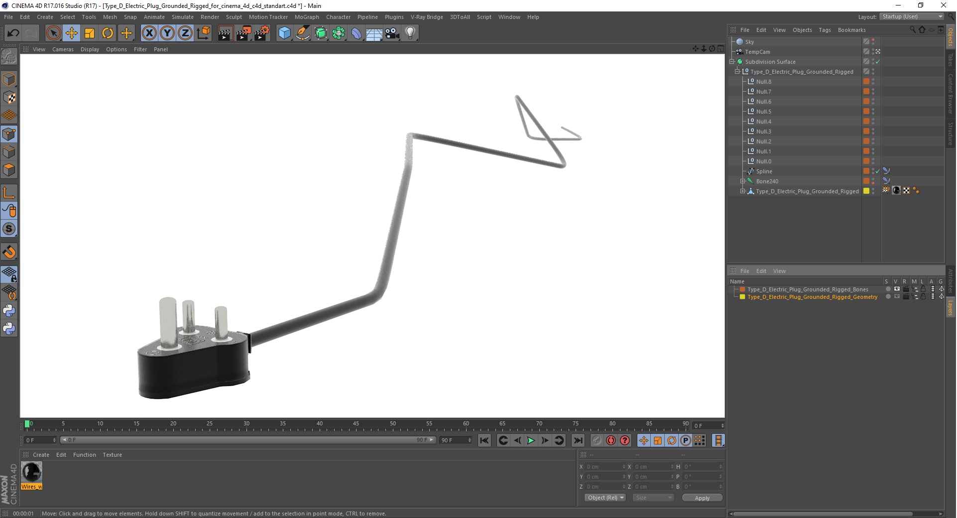 3D model Type D Electric Plug Grounded Rigged for Cinema 4D