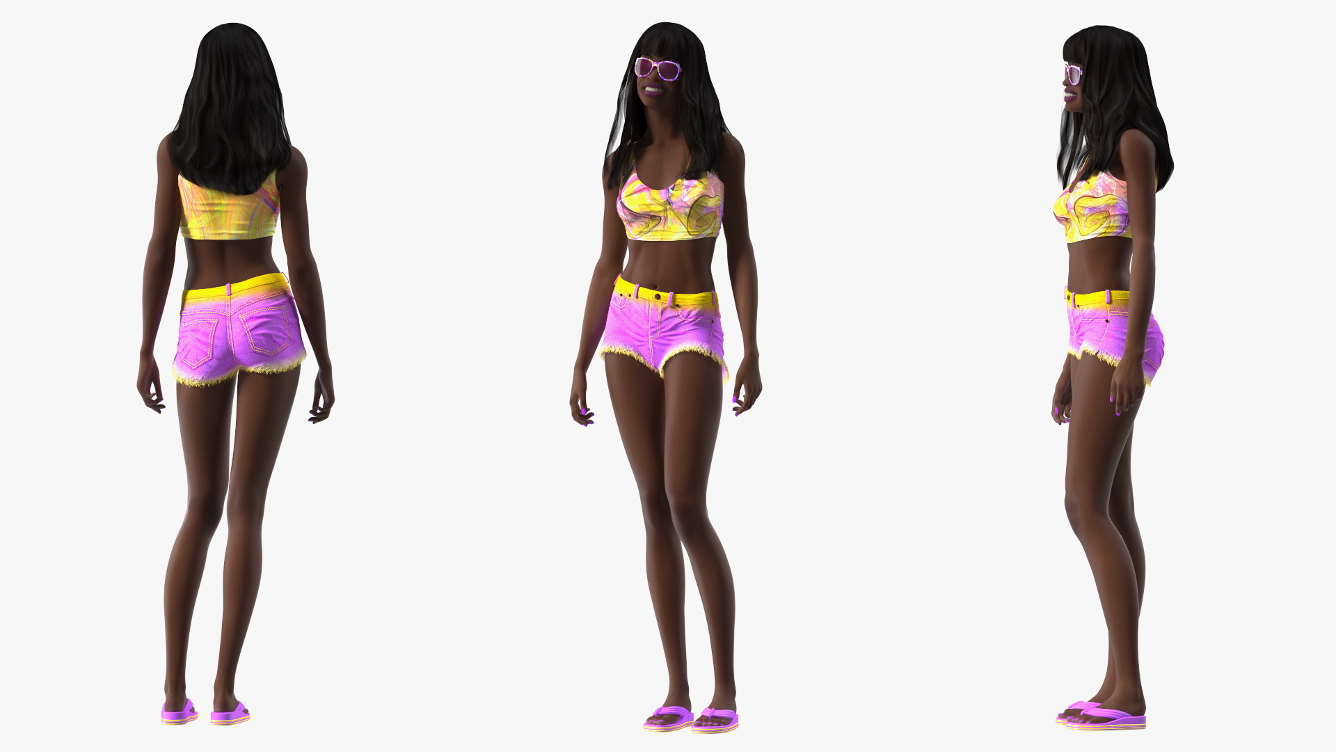 3D Beach Style Young Black Woman Standing Pose model