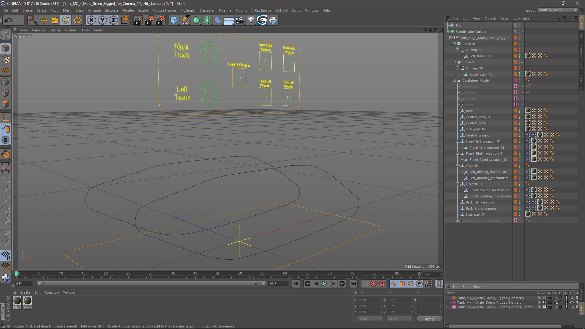 3D Tank MK 4 Male Green Rigged for Cinema 4D
