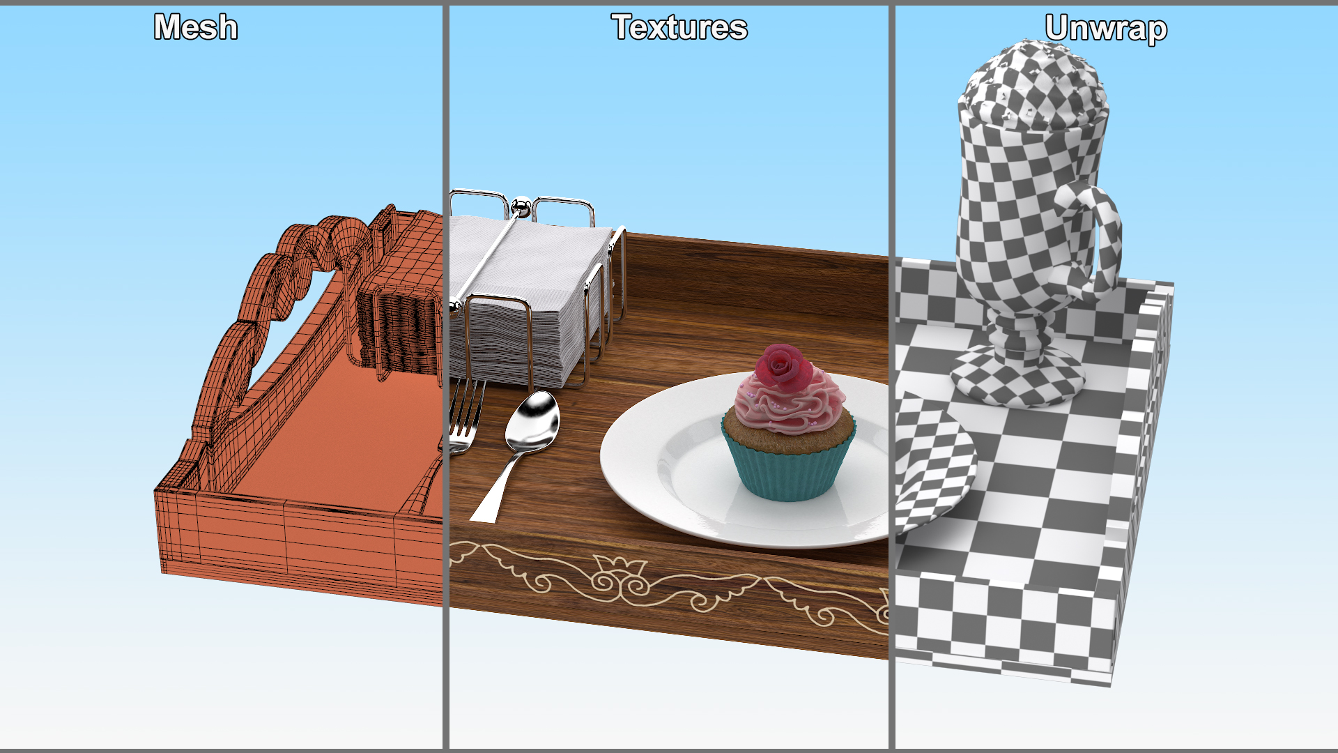 Wooden Serving Tray with Hot Beverage and Cupcake 3D model