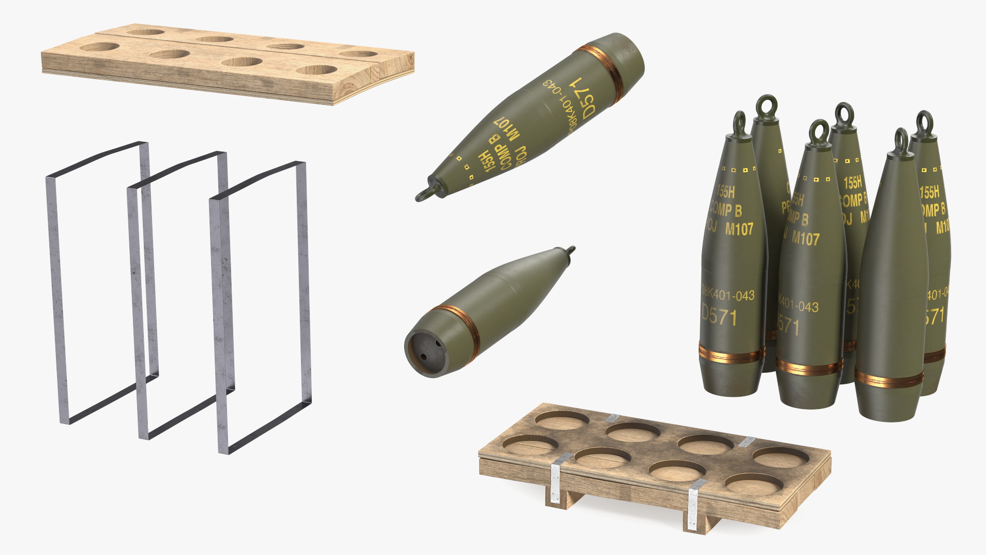 3D Military Artillery Shells 155mm in Transport Pallet