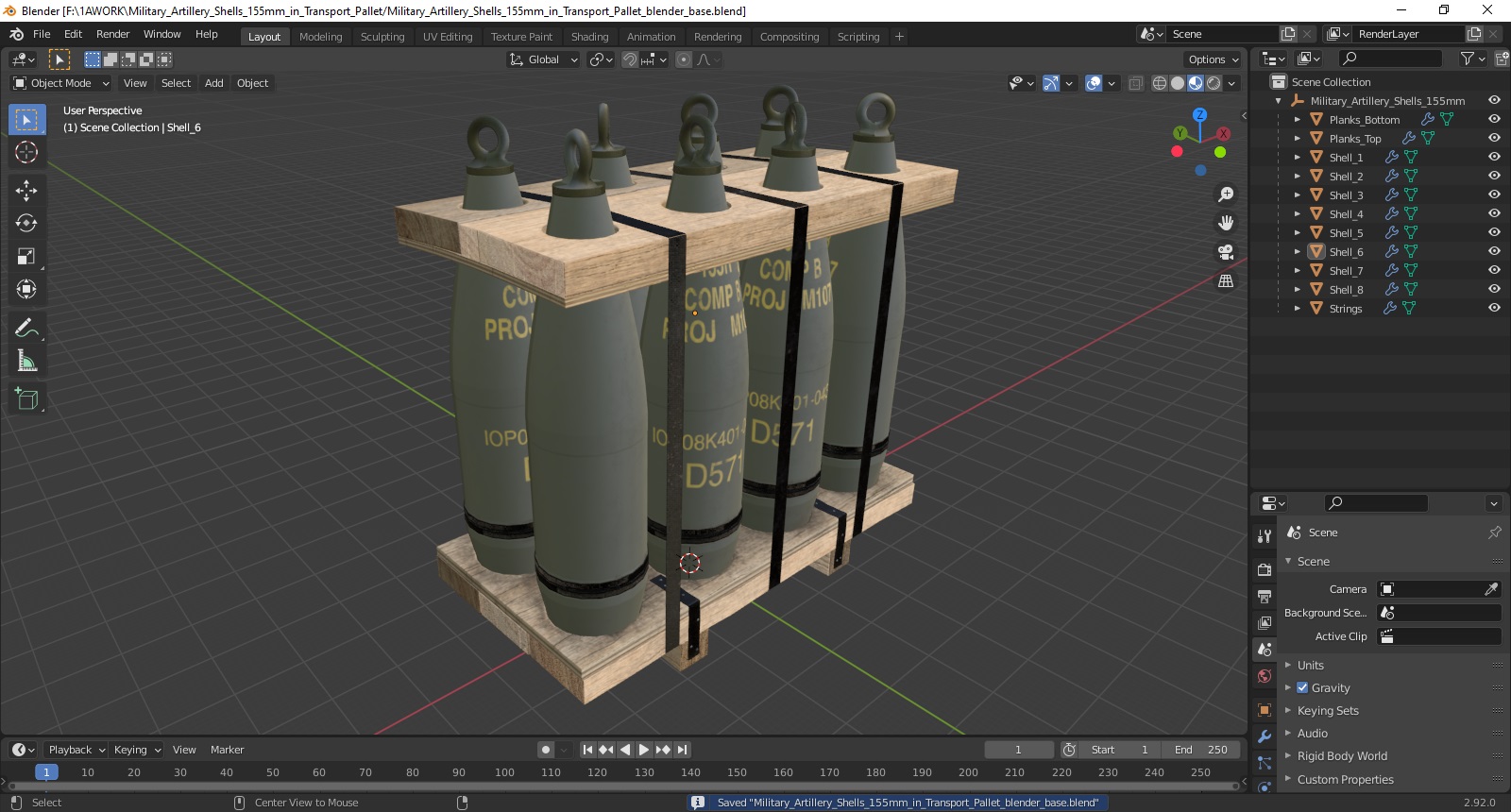 3D Military Artillery Shells 155mm in Transport Pallet