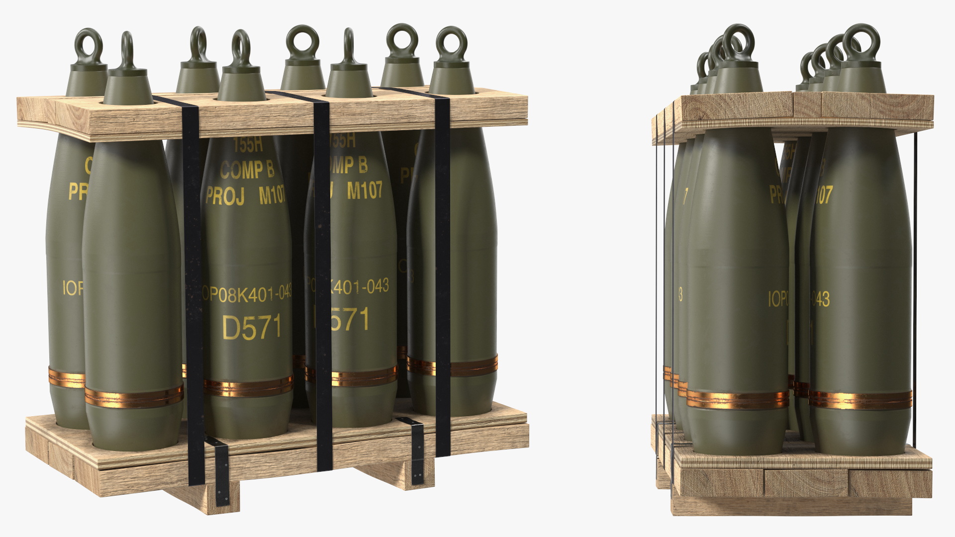 3D Military Artillery Shells 155mm in Transport Pallet