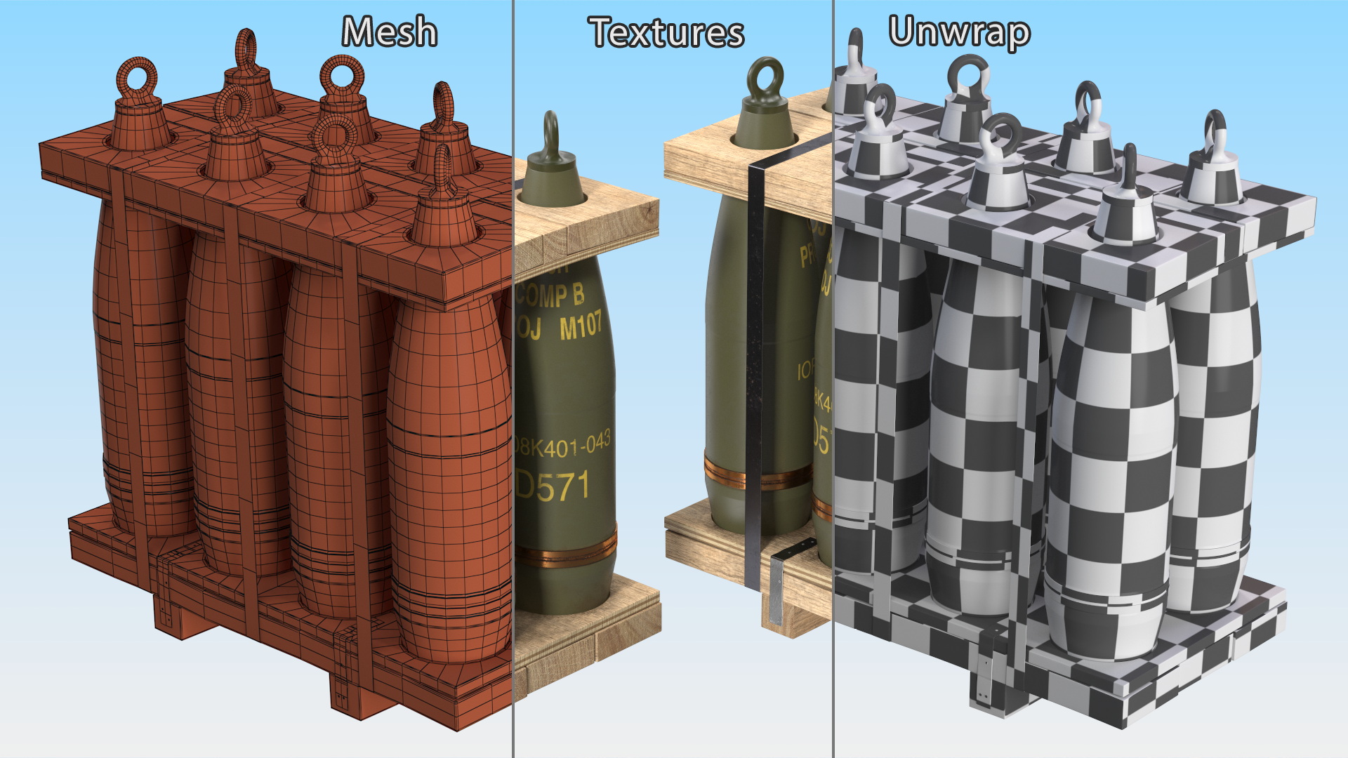3D Military Artillery Shells 155mm in Transport Pallet