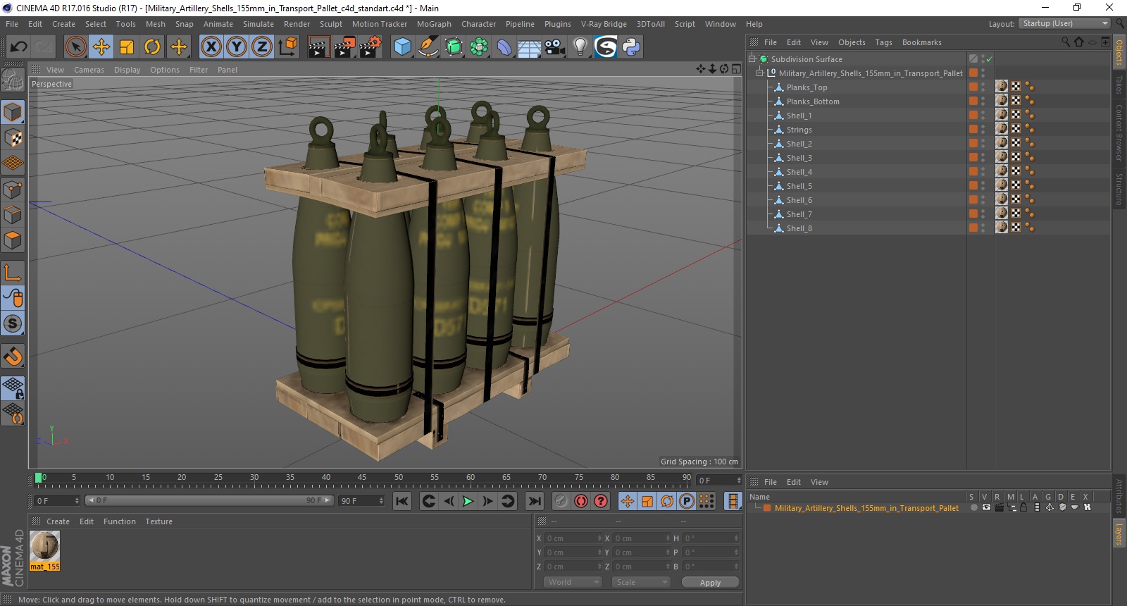 3D Military Artillery Shells 155mm in Transport Pallet