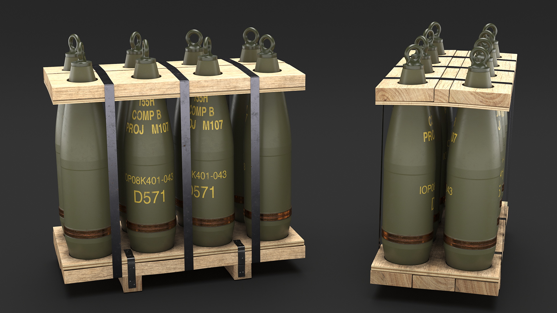 3D Military Artillery Shells 155mm in Transport Pallet