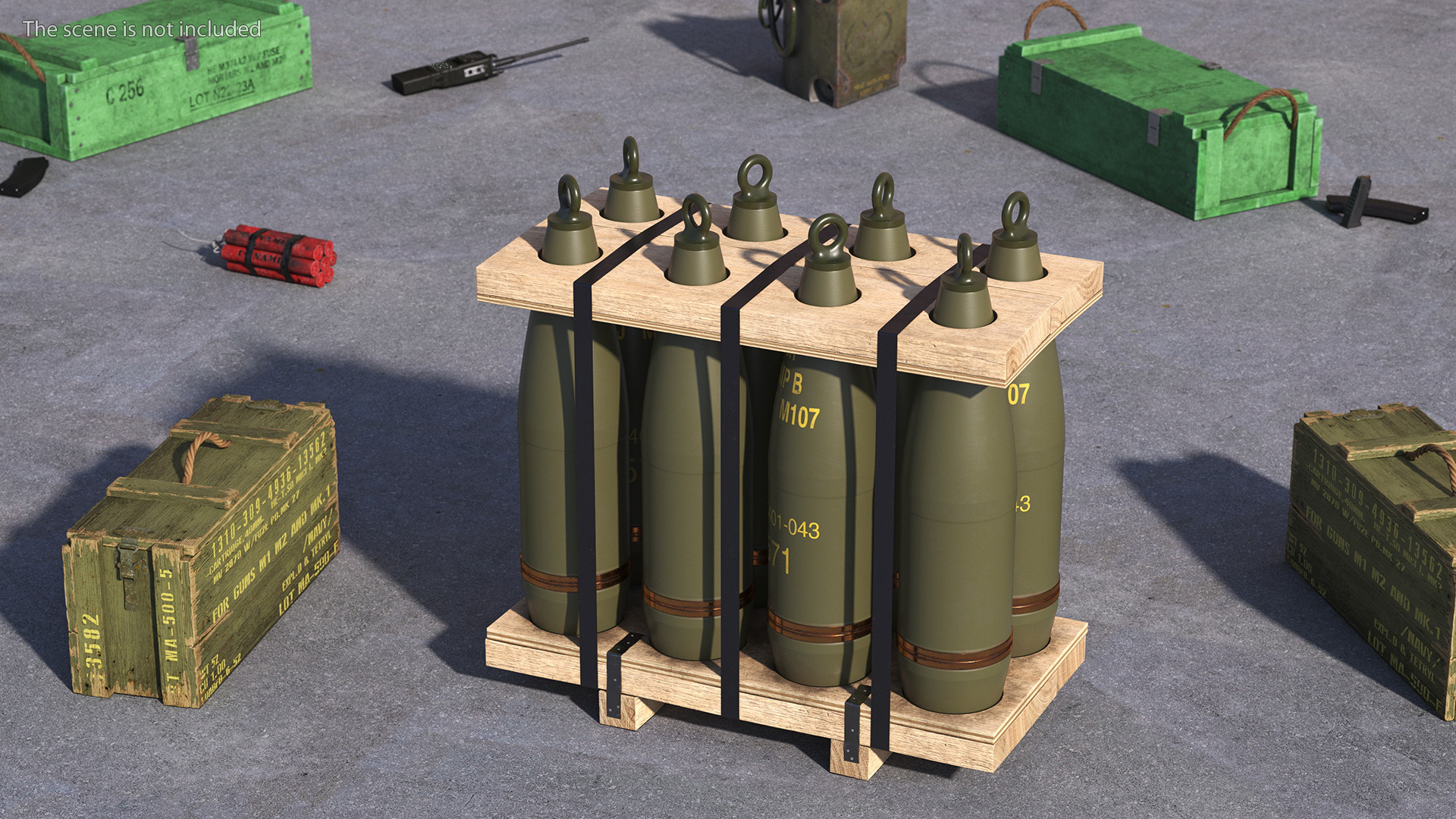 3D Military Artillery Shells 155mm in Transport Pallet