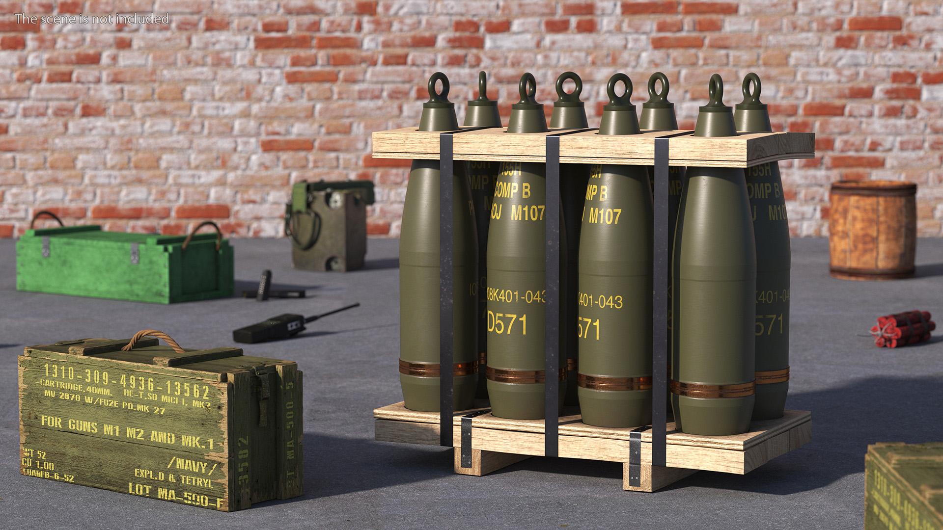 3D Military Artillery Shells 155mm in Transport Pallet