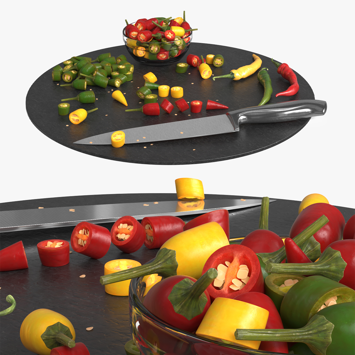 Sliced Chili Peppers on Cutting Board Multicolor 3D model preview