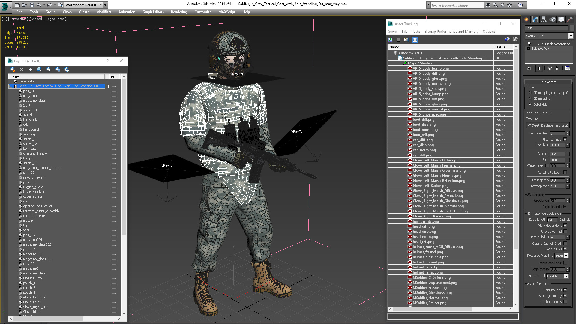 3D Soldier in Grey Tactical Gear with Rifle Standing Fur model