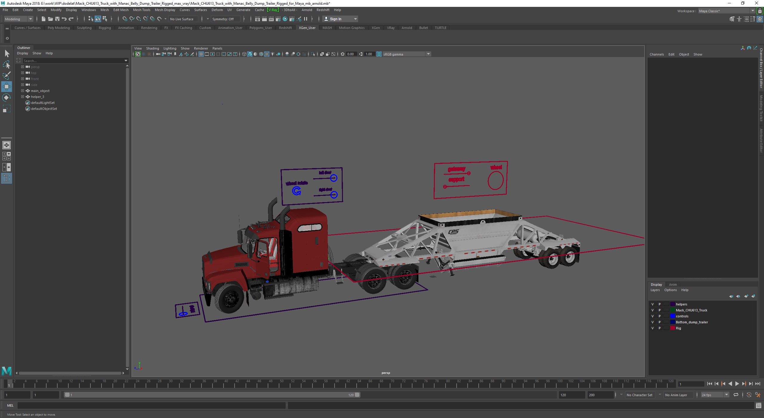 3D Mack CHU613 Truck with Manac Belly Dump Trailer Rigged for Maya model
