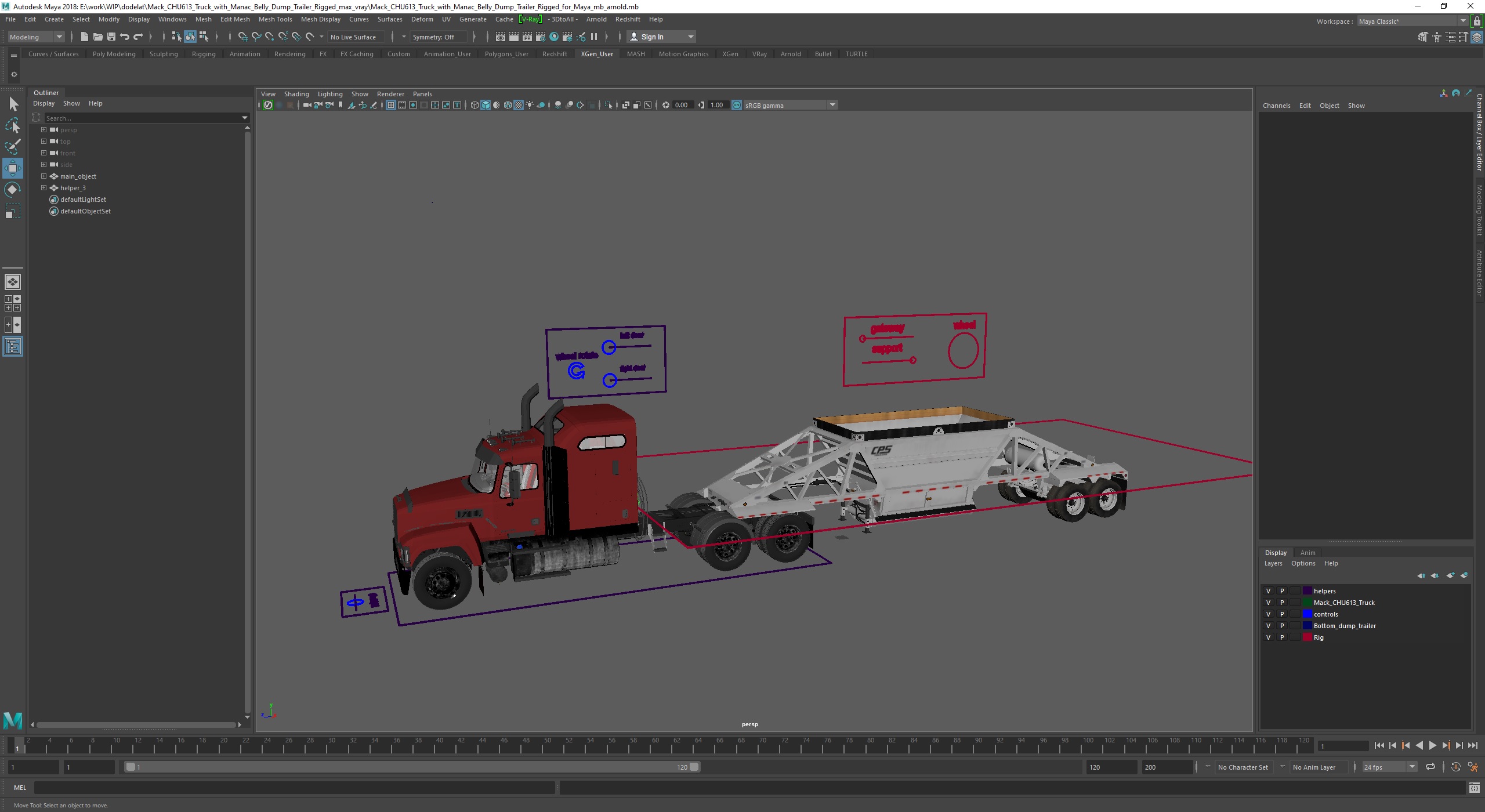 3D Mack CHU613 Truck with Manac Belly Dump Trailer Rigged for Maya model