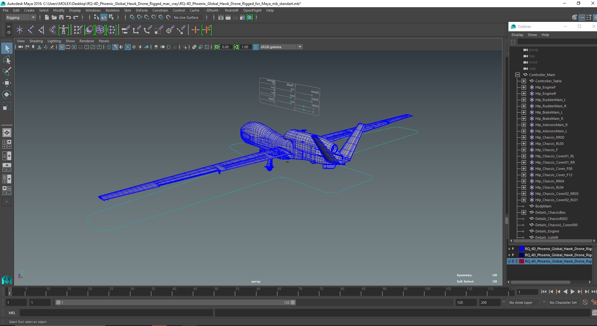 RQ-4D Phoenix Global Hawk Drone Rigged for Maya 3D